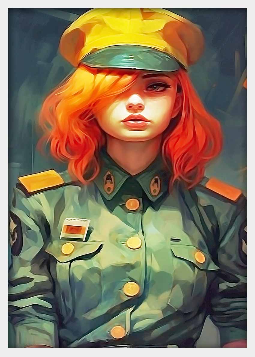 T351 Girl With Army Uniform Canvas Art Prints, T-Shirts, Posters, and Mugs, Cushion Cover Expressive Collection